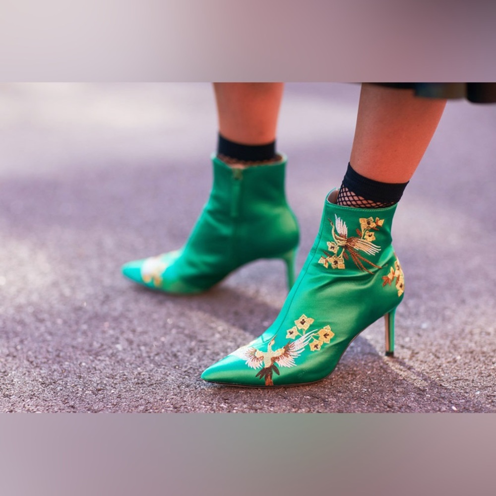 Zara Emerald Green Embroidered Pointed Toe Ankle Boots